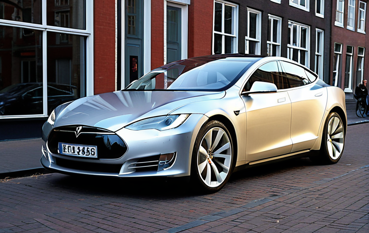 **
"Sleek, minimalist Tesla Model S parked in front of modern architecture in Amsterdam. The car should be silver or grey, reflecting the clean lines of the buildings. Focus on the car's aerodynamic design and futuristic appearance. Evening light, with reflections on the car's surface."
**